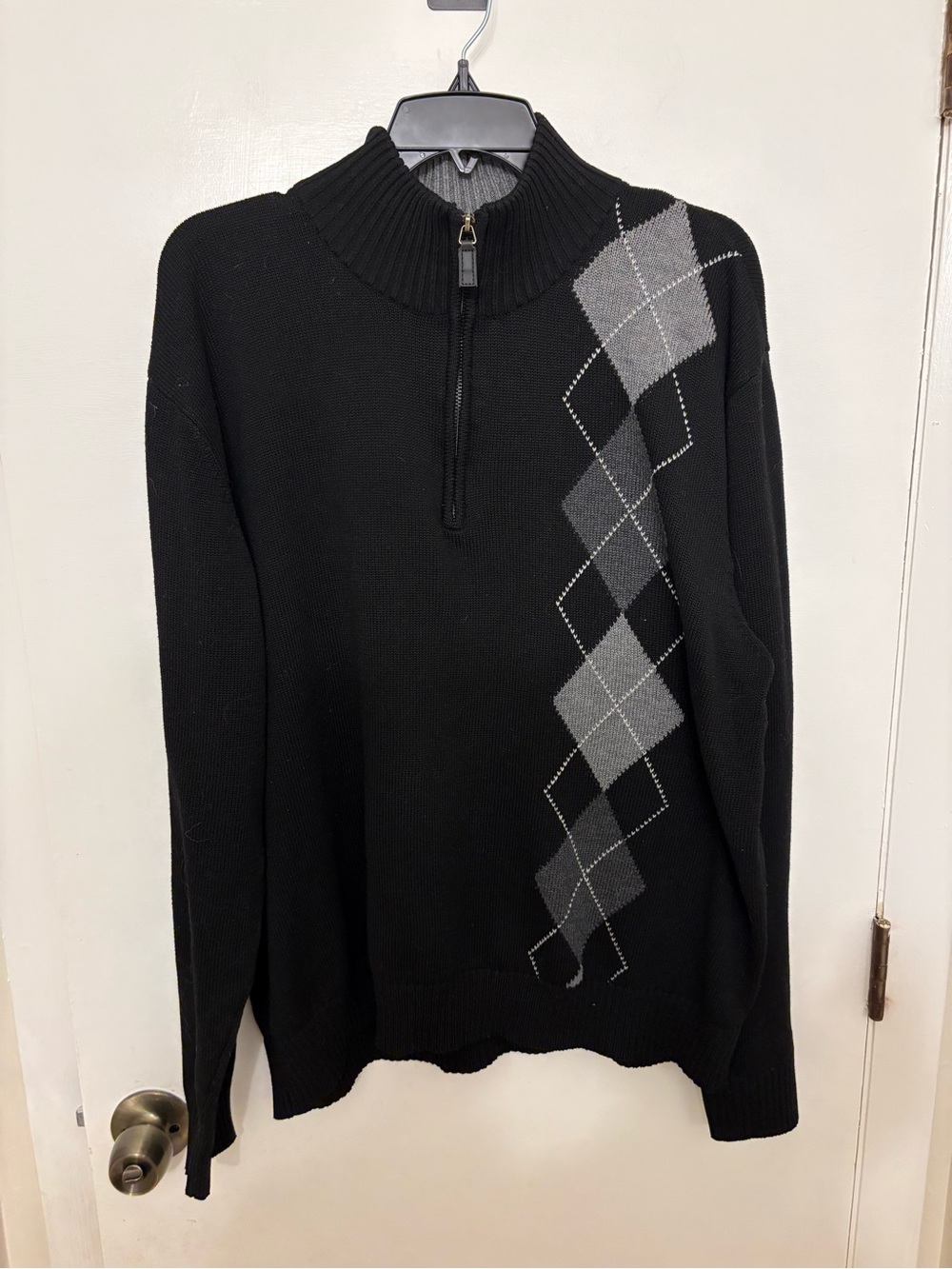 Oscar de la Renta Men XL Quarter Zip Sweater Black Gray Argyle Mock Neck Knit